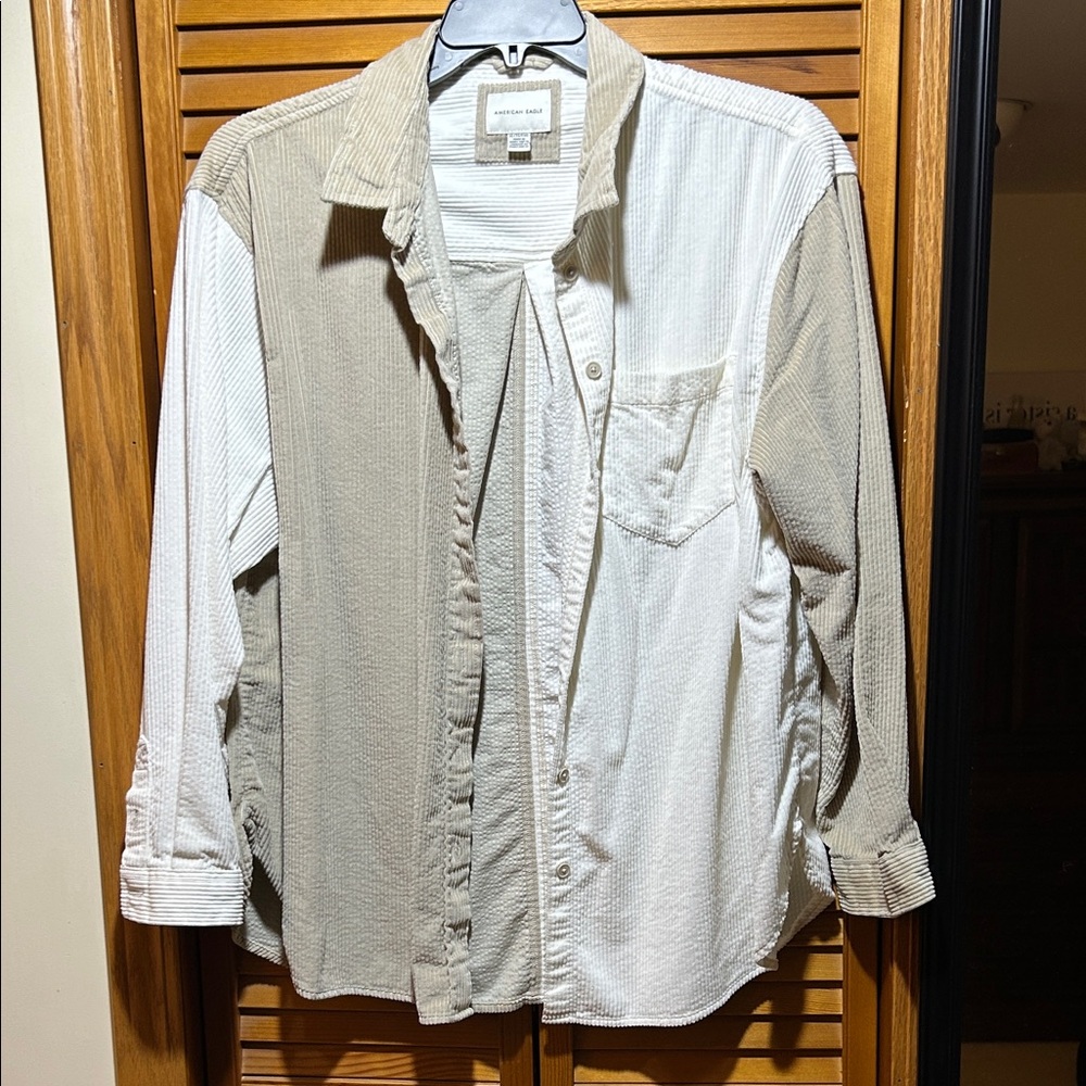 American Eagle Outfitters Beige and White Corduroy Colorblock Shirt XL